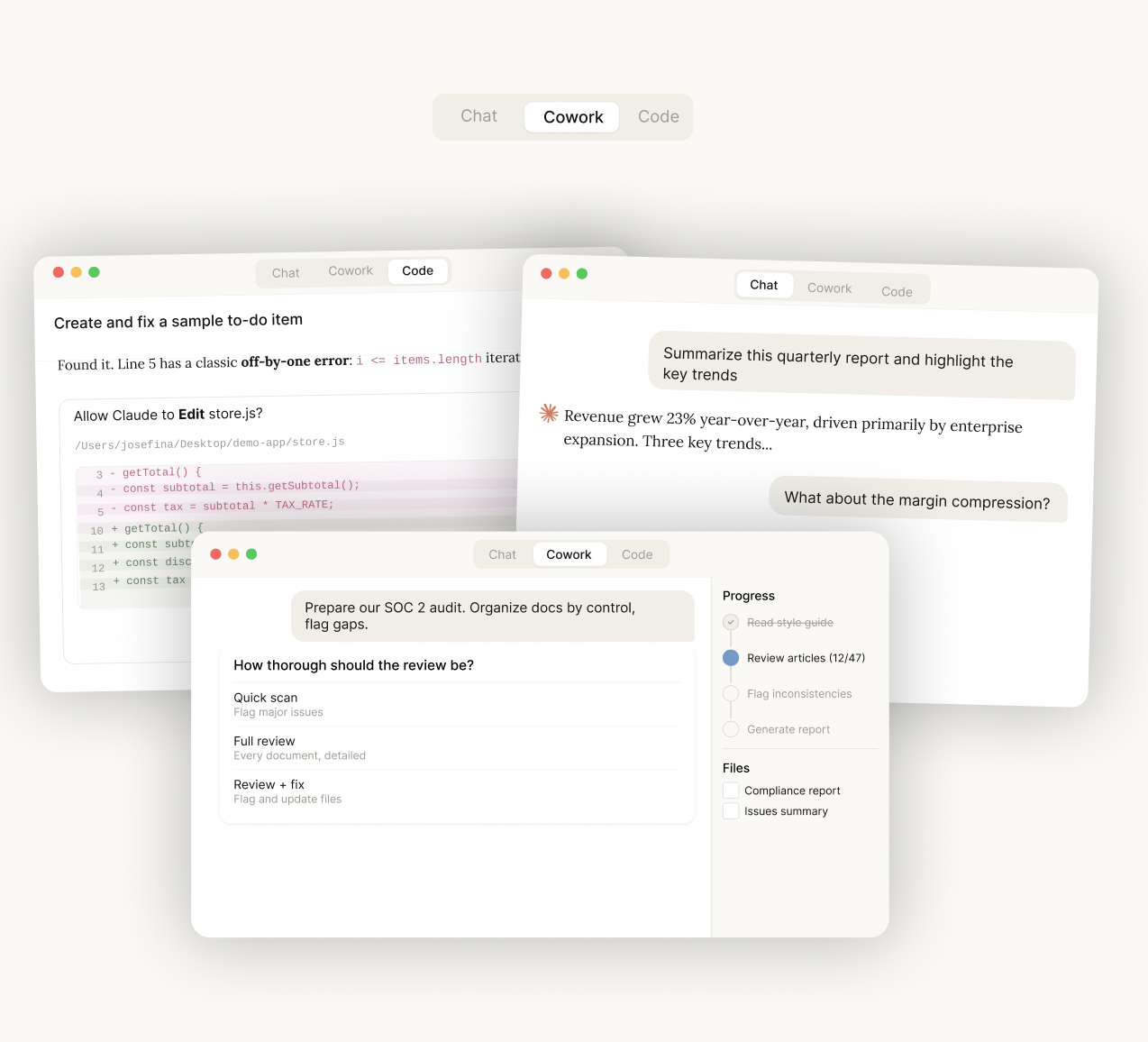 Claude's three tabs - Chat, Cowork, Code