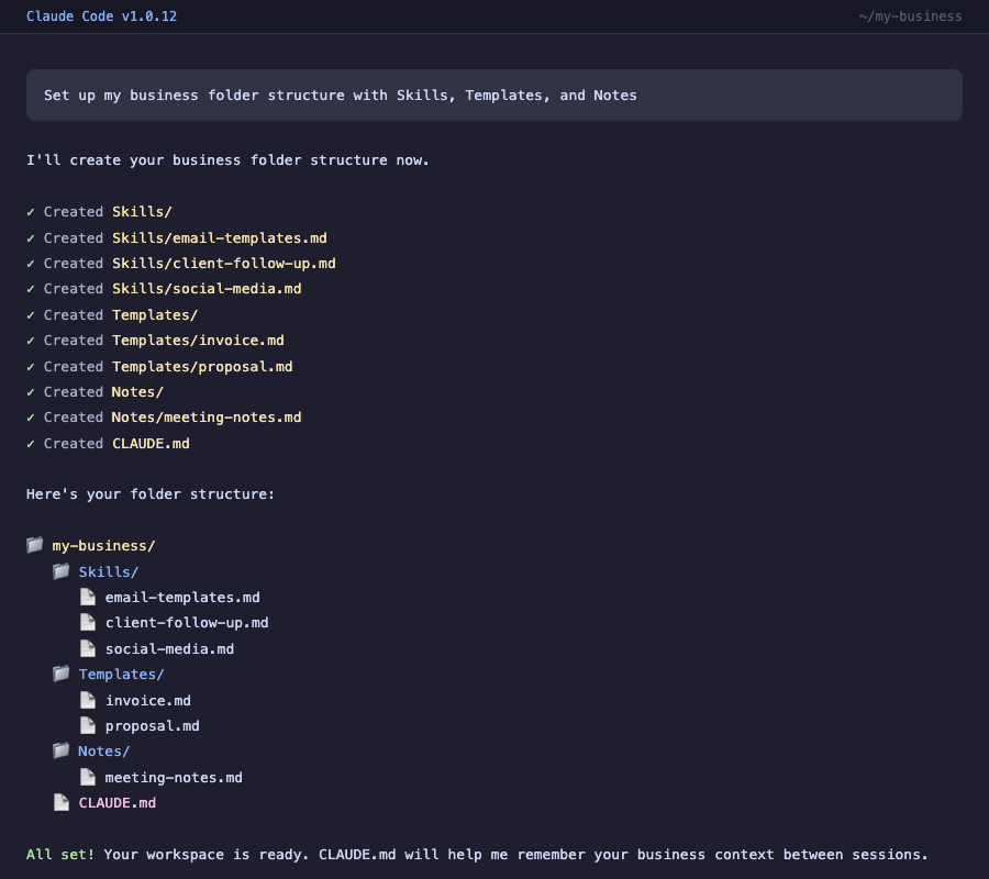 Claude Code creating business folders