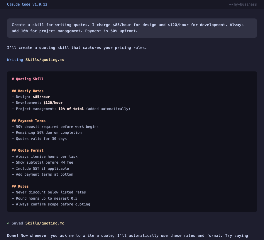 Claude Code creating a skill file