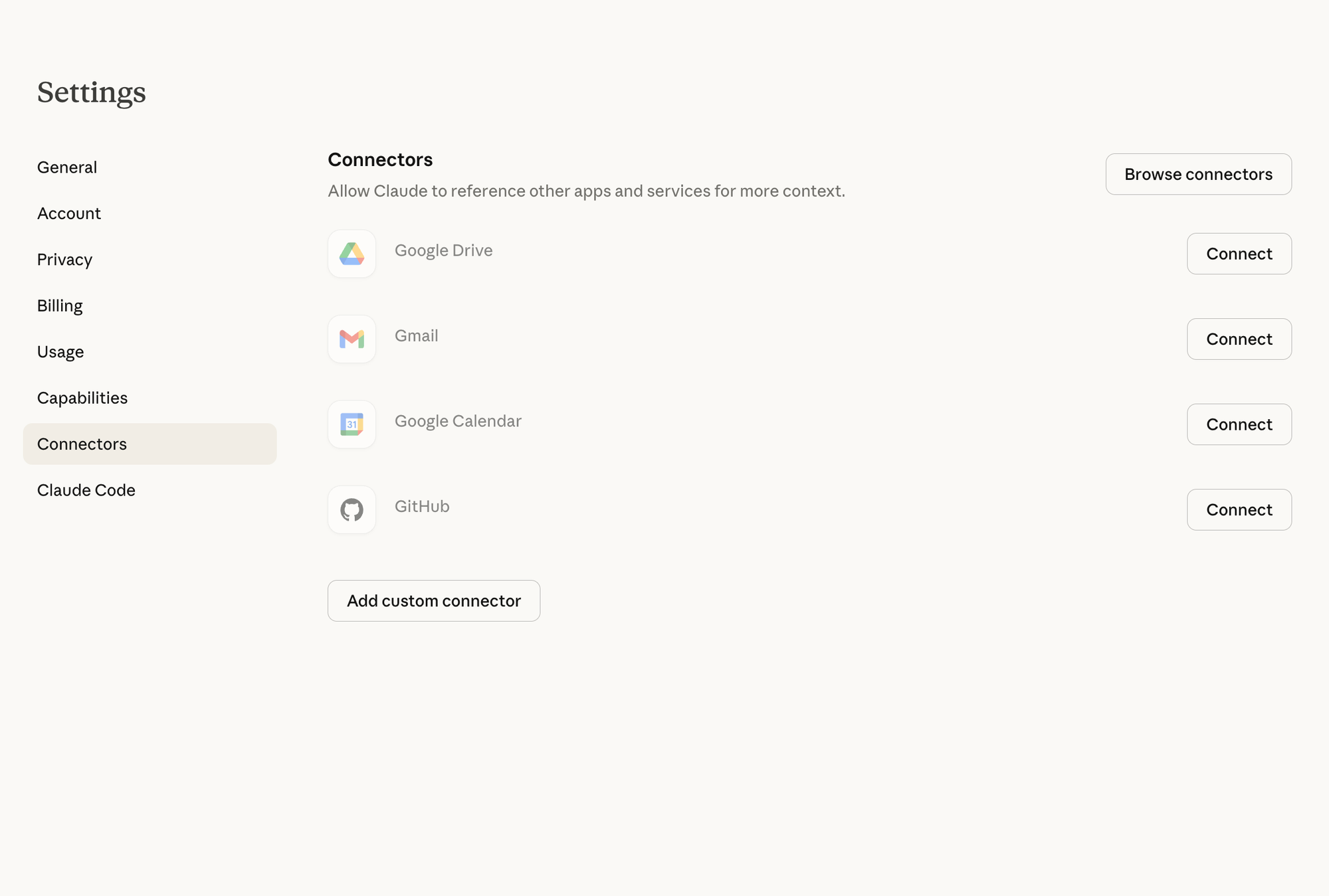 Claude Settings - Connectors page