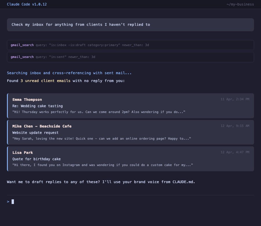Claude Code searching inbox and drafting a reply