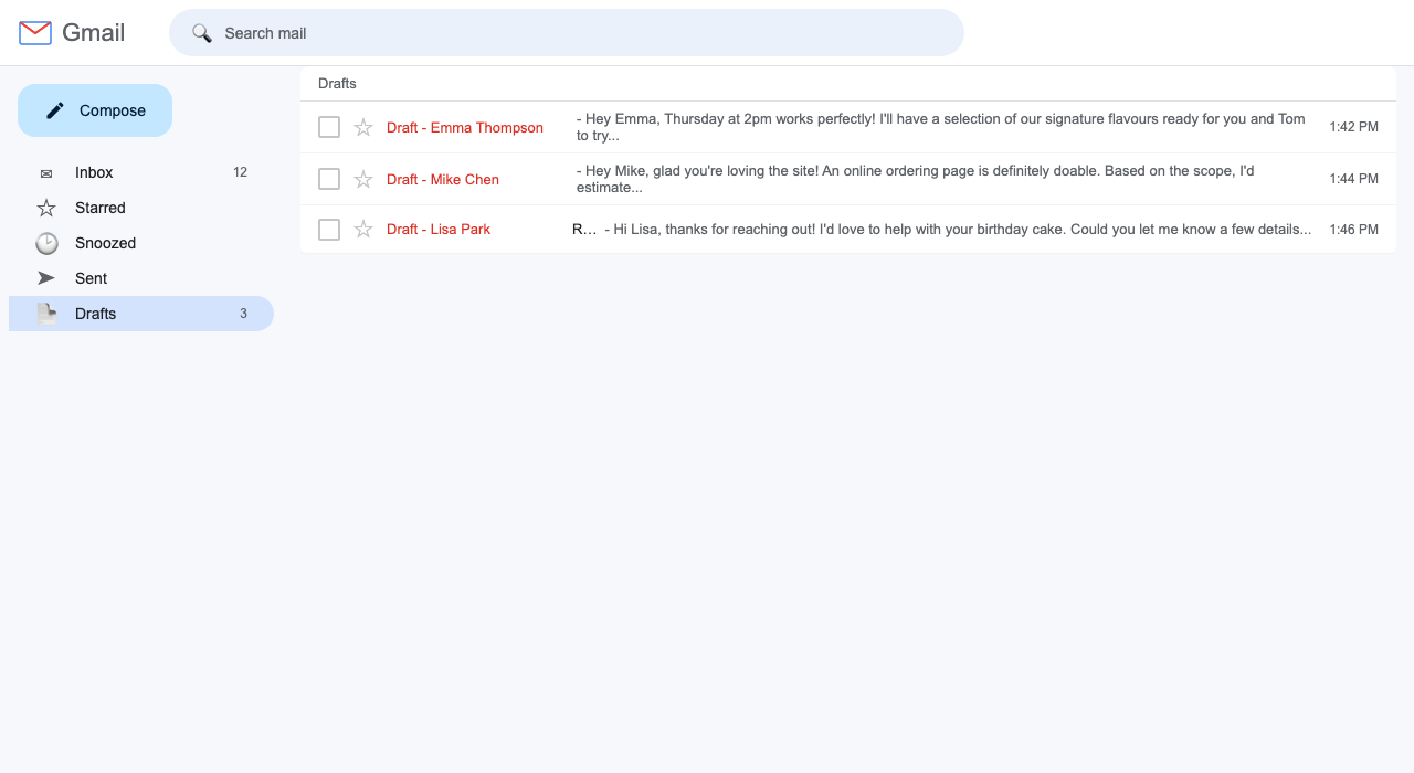 Gmail Drafts folder showing a Claude-created draft